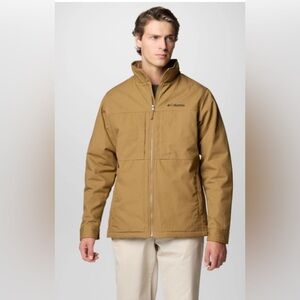 COLUMBIA Sz L Loma Vista Tan Driving Coat Jacket Zip Up Funnel Collar Unlined